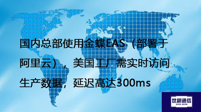 国内总部使用金蝶EAS（部署于阿里云），美国工厂需实时访问生产数据，延迟高达300ms-- 解决方案//世耕通信全球ERP、OA办公专网专线